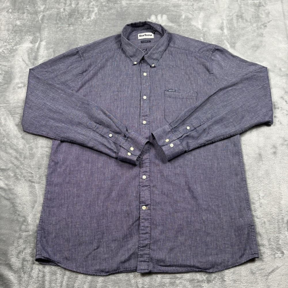 Barbour Mens Tailored Fit Long Sleeve Linen Blend Button Down Shirt Blue XL*
